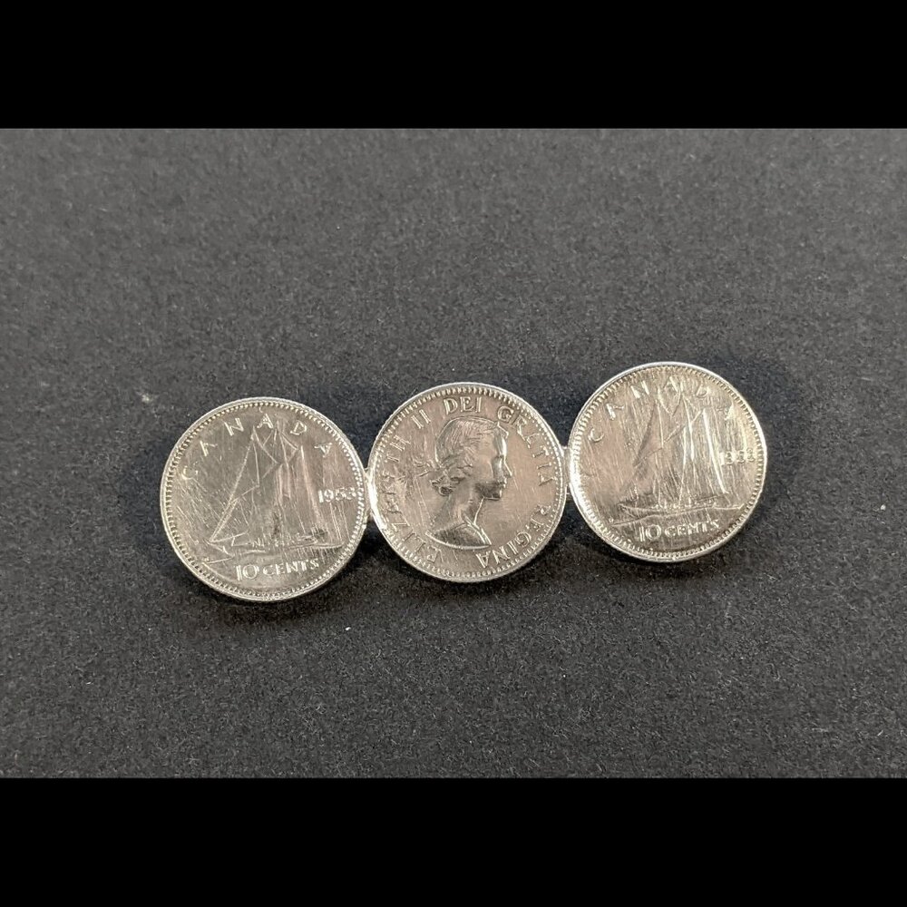 3 Canadian Dimes Brooch / Pin 1953 ten-cent pieces 80% silver fun unisex gift